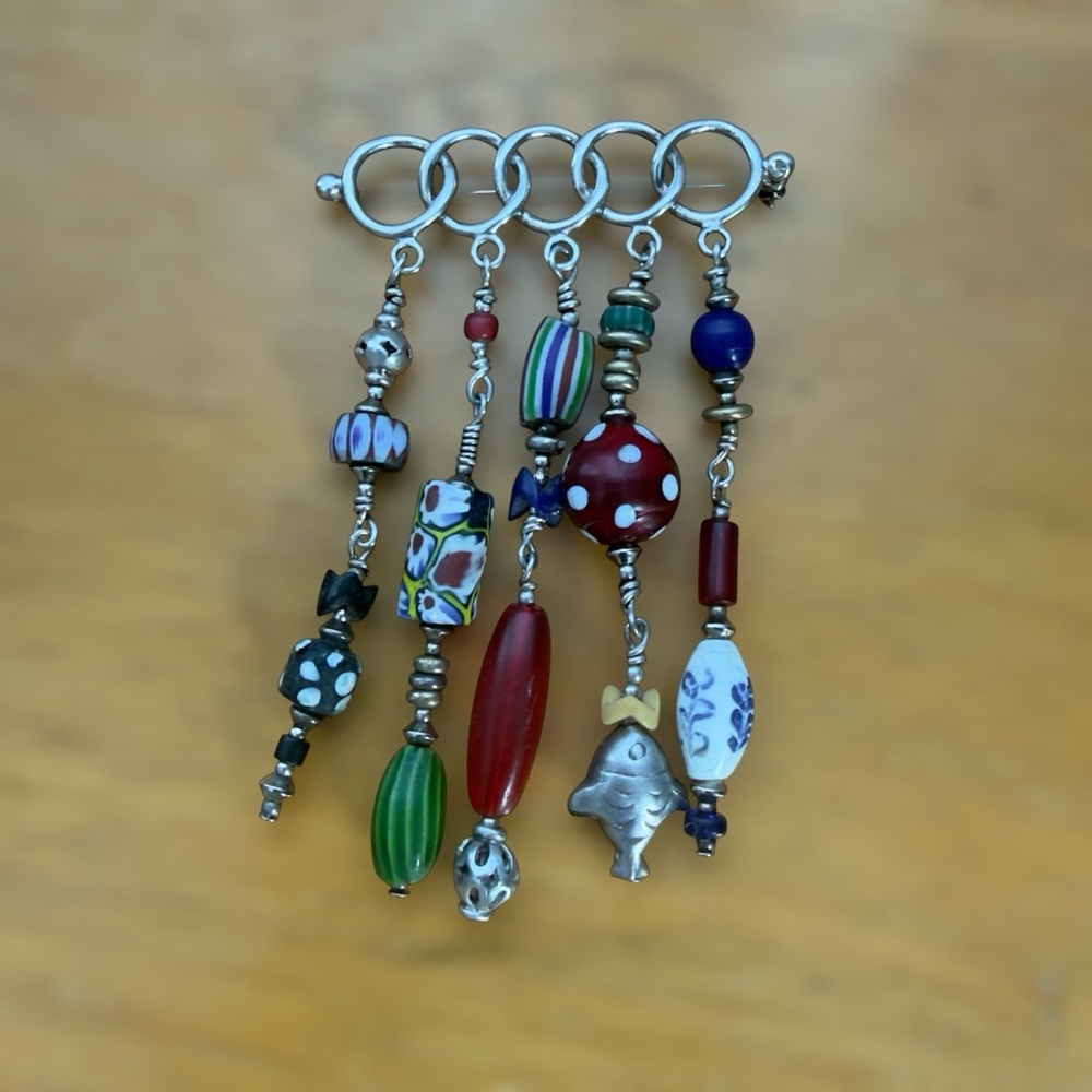 Vintage Artisan Sterling Silver and Lampwork Murano Bead Story Brooch with Fish